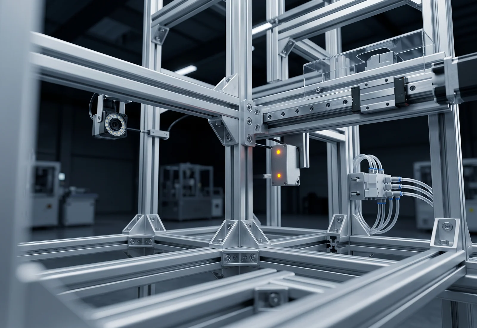 Abstract modular aluminium machine frame with a central circular component