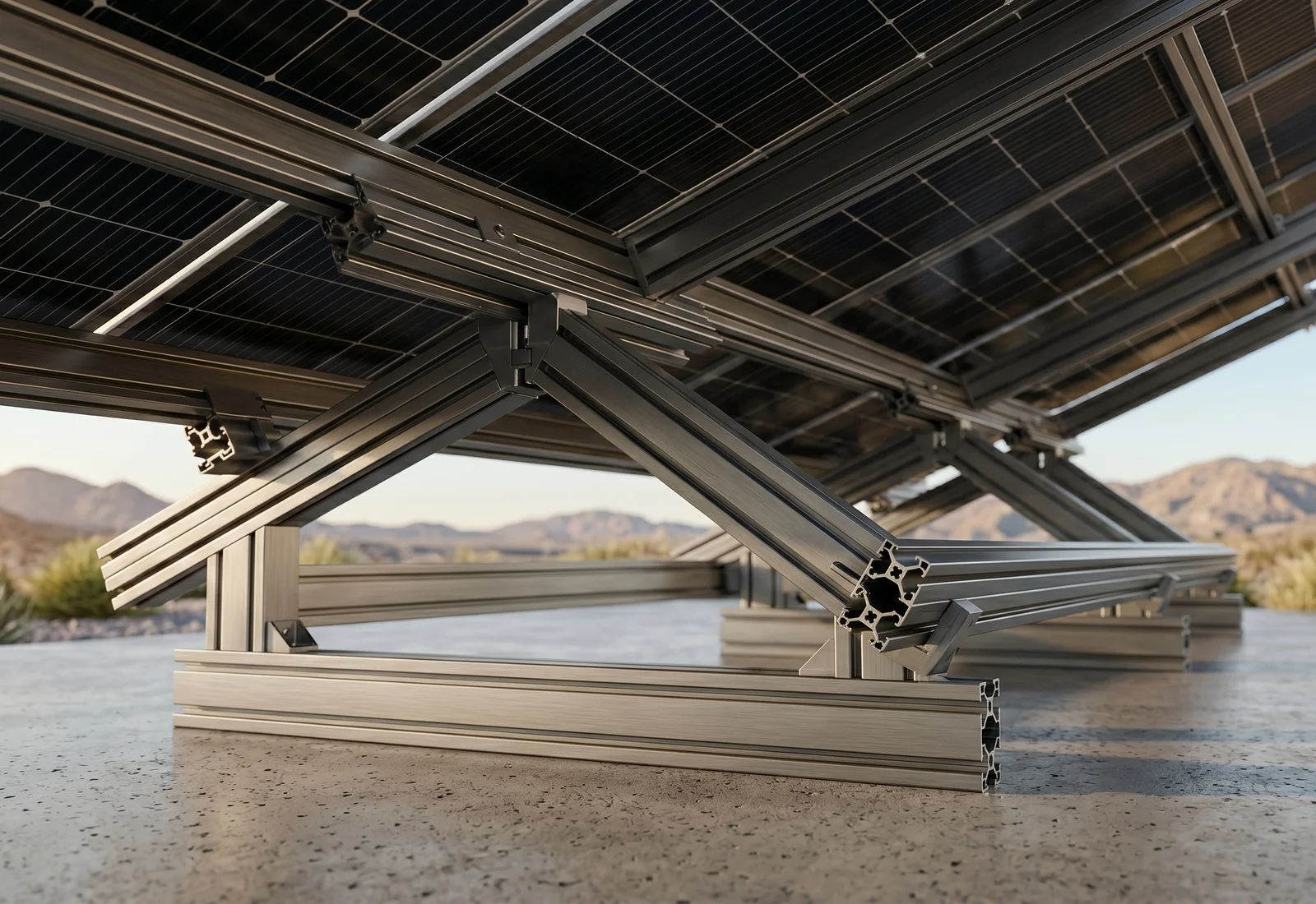 Diagrammatic solar array on an aluminium rail structure